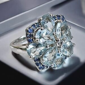 🩵Aquamarine💙Sapphire🤍Topaz Sterling Silver Ring (5.25)